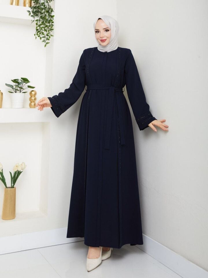 PETEK KUMAŞ ŞIK  TAŞ VE KEMER DETAYLI ŞIK ABAYA FERACE LACİVERT