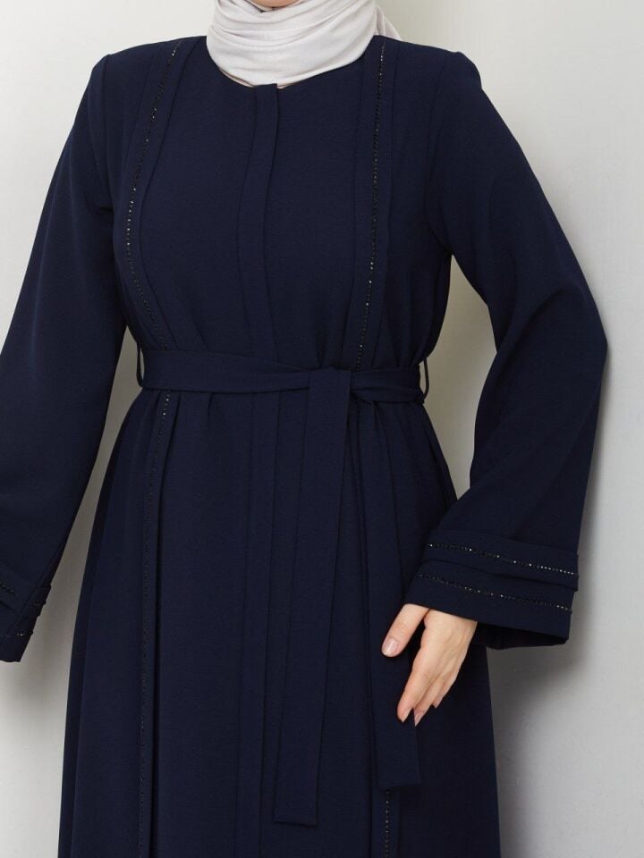 PETEK KUMAŞ ŞIK  TAŞ VE KEMER DETAYLI ŞIK ABAYA FERACE LACİVERT