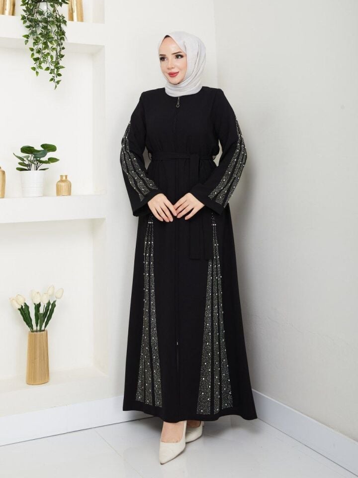ETEĞİ VE KOLLARI GÖSTERİŞLİ TAŞ DETAYLI  ŞIK ABAYA FERACE SİYAH