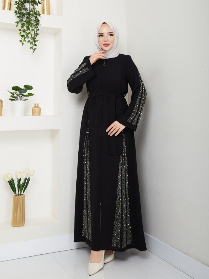 ETEĞİ VE KOLLARI GÖSTERİŞLİ TAŞ DETAYLI  ŞIK ABAYA FERACE SİYAH