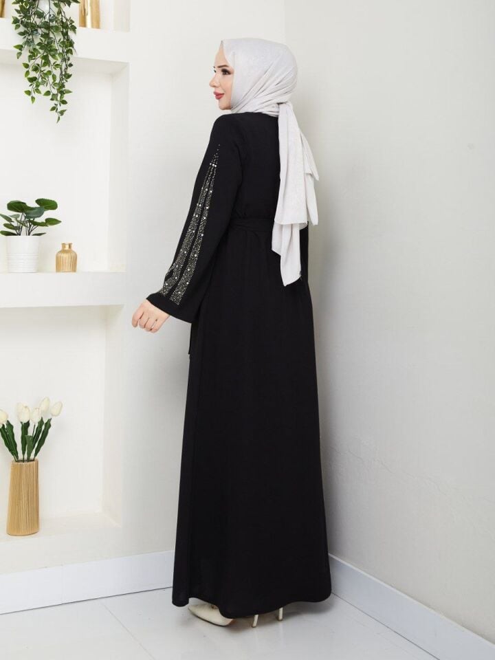 ETEĞİ VE KOLLARI GÖSTERİŞLİ TAŞ DETAYLI  ŞIK ABAYA FERACE SİYAH