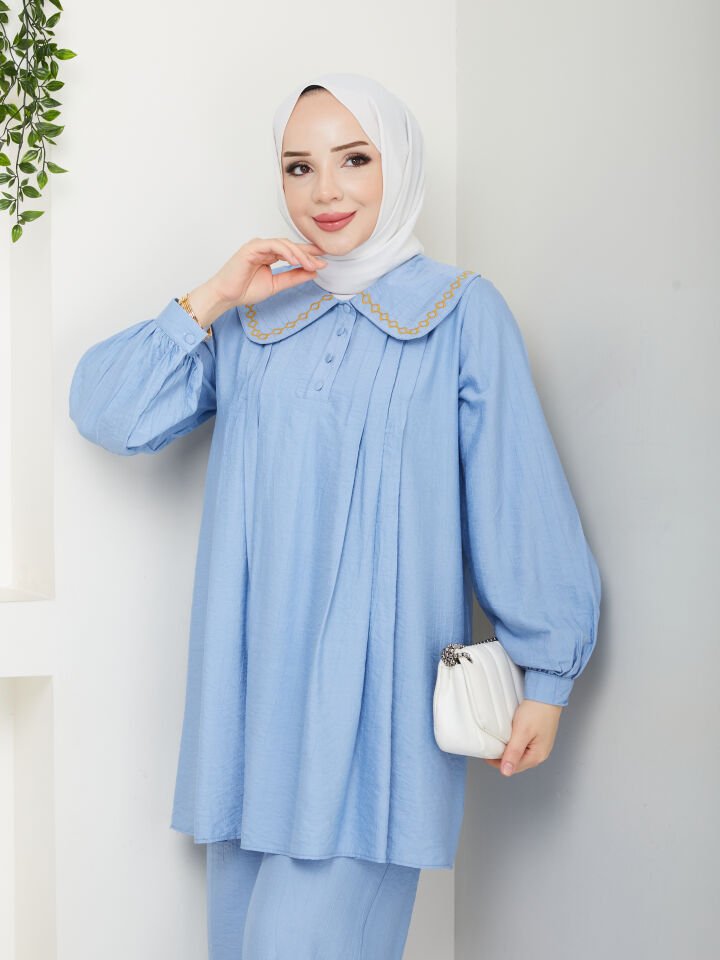 BEBE YAKA SÜPER KALİTE YAZLIK KONFORLU ALT ÜST  İKİLİ TAKIM BEBE MAVİSİ