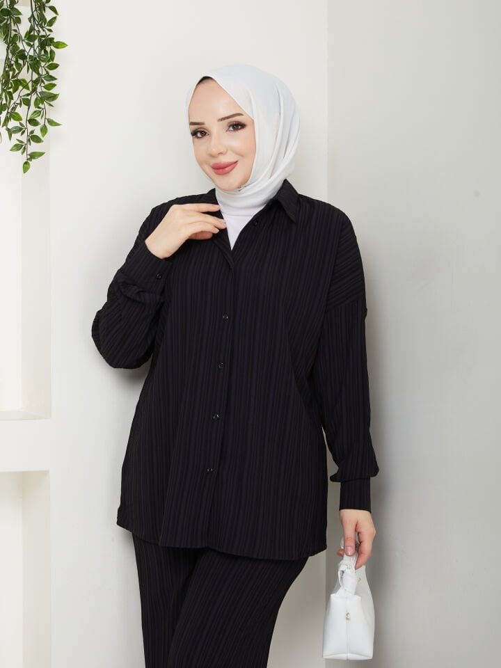 DESENLİ ŞIK KALİTELİ ALT ÜST TESETTÜR TAKIM SİYAH