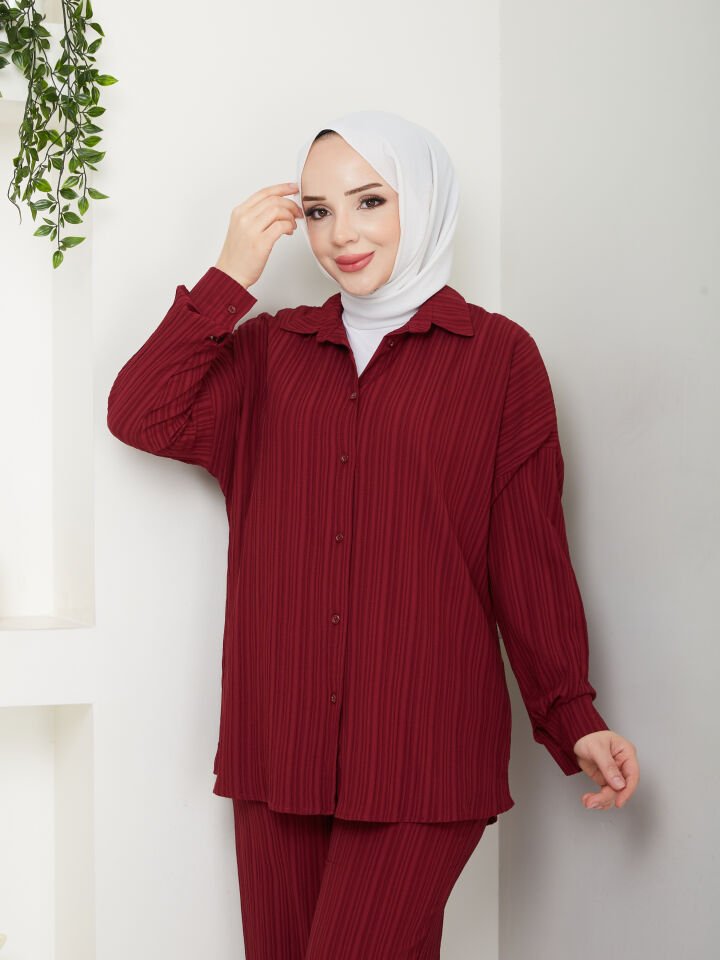 DESENLİ ŞIK KALİTELİ ALT ÜST TESETTÜR TAKIM SİYAH BORDO