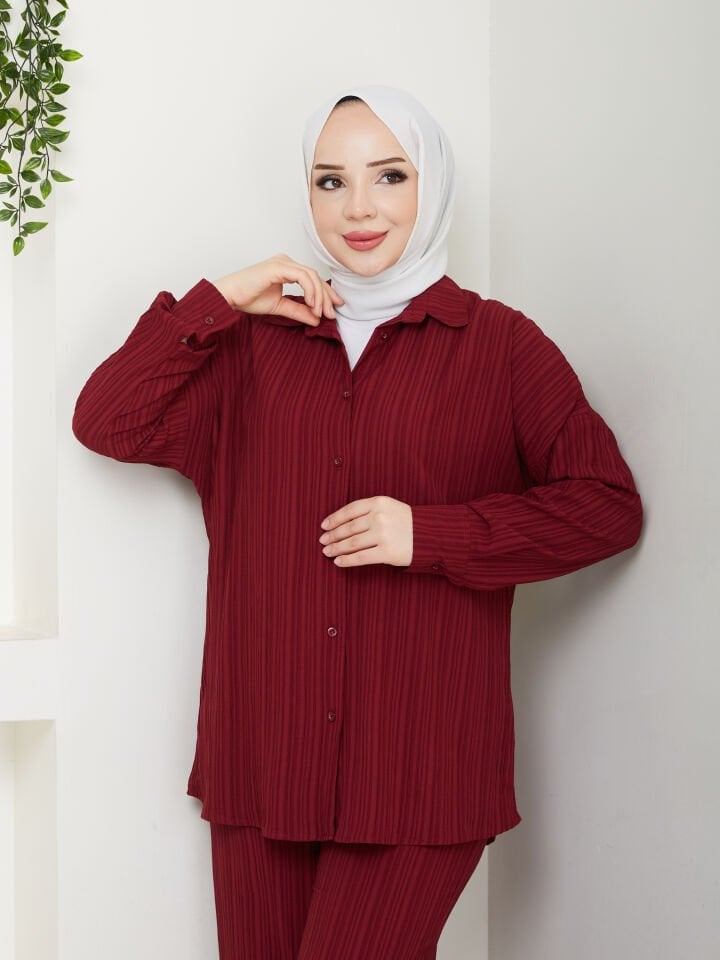 DESENLİ ŞIK KALİTELİ ALT ÜST TESETTÜR TAKIM SİYAH BORDO